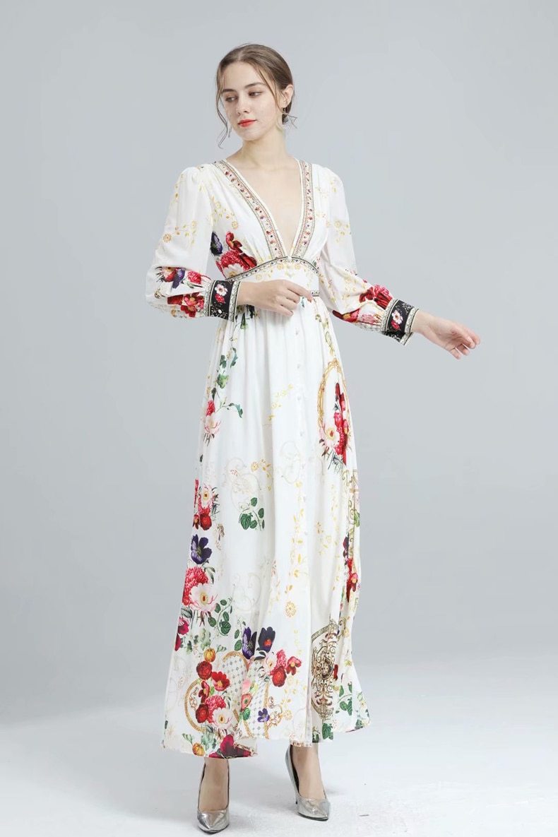 Long Sleeves Split Front Floral Printed High Street Dresses Mssaz Desses