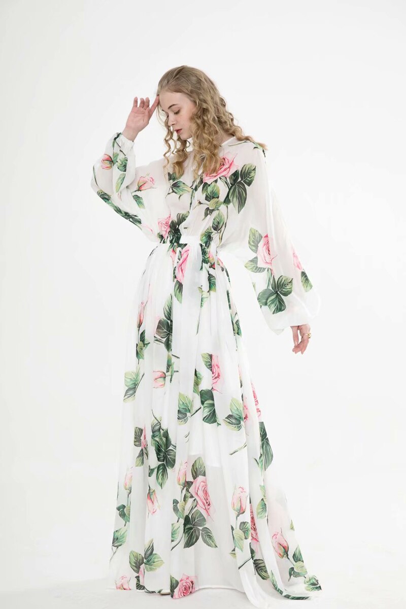 Long Sleeves Floral Printed Lace Up Elegant Maxi Design Casual Dress Mssaz Desses
