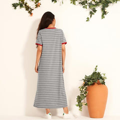Grey Casual College Style Horizontal-Striped O-Neck Short Sleeve Loose Dresses Mssaz Desses