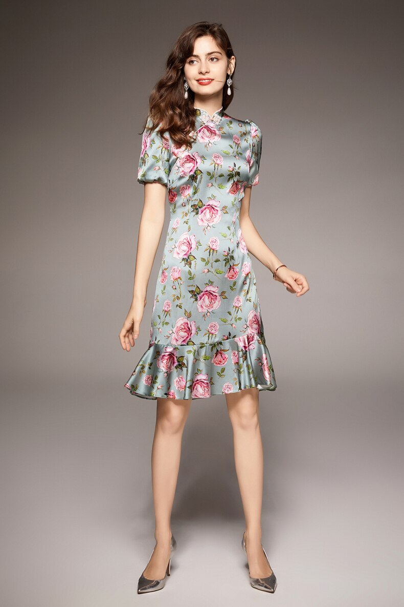 Vintage Stand Collar Short Sleeves Floral Printed Ruffles Elegant Dress Vestidos Mssaz Desses