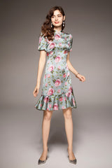 Vintage Stand Collar Short Sleeves Floral Printed Ruffles Elegant Dress Vestidos Mssaz Desses
