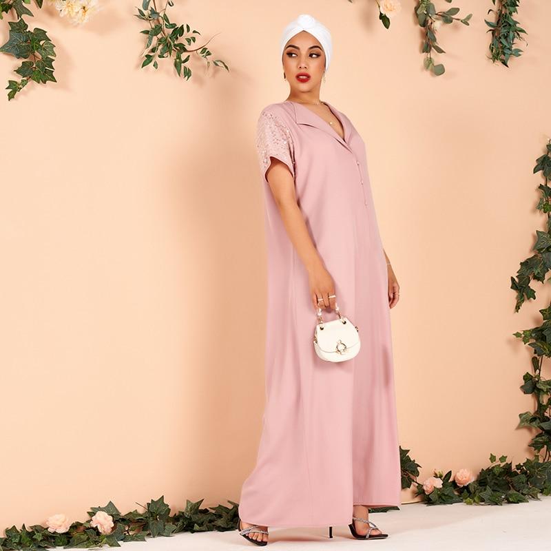 Ladies Lapel Sequin Stitching Loose and Elegant Thin Arabian Powder Dress Long Dress (without Headscarf) Mssaz Desses