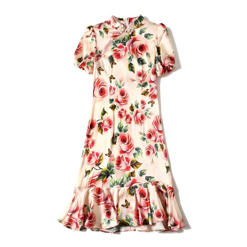 Vintage Stand Collar Short Sleeves Floral Printed Ruffles Elegant Dress Vestidos Mssaz Desses