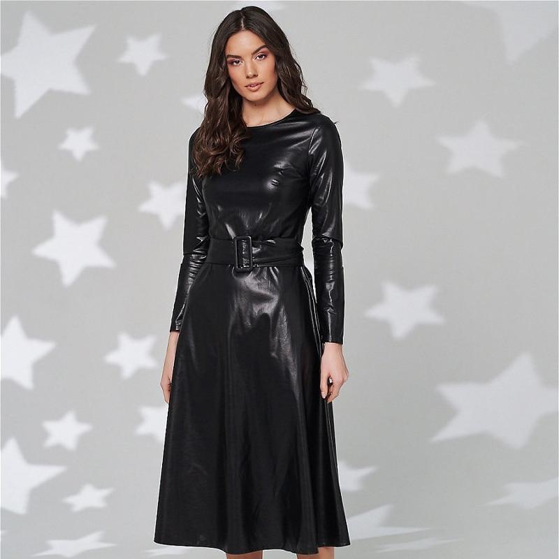 Fit And Flare Winter Dress a Line Pockets Pu Leather Midi Dress Mssaz Desses
