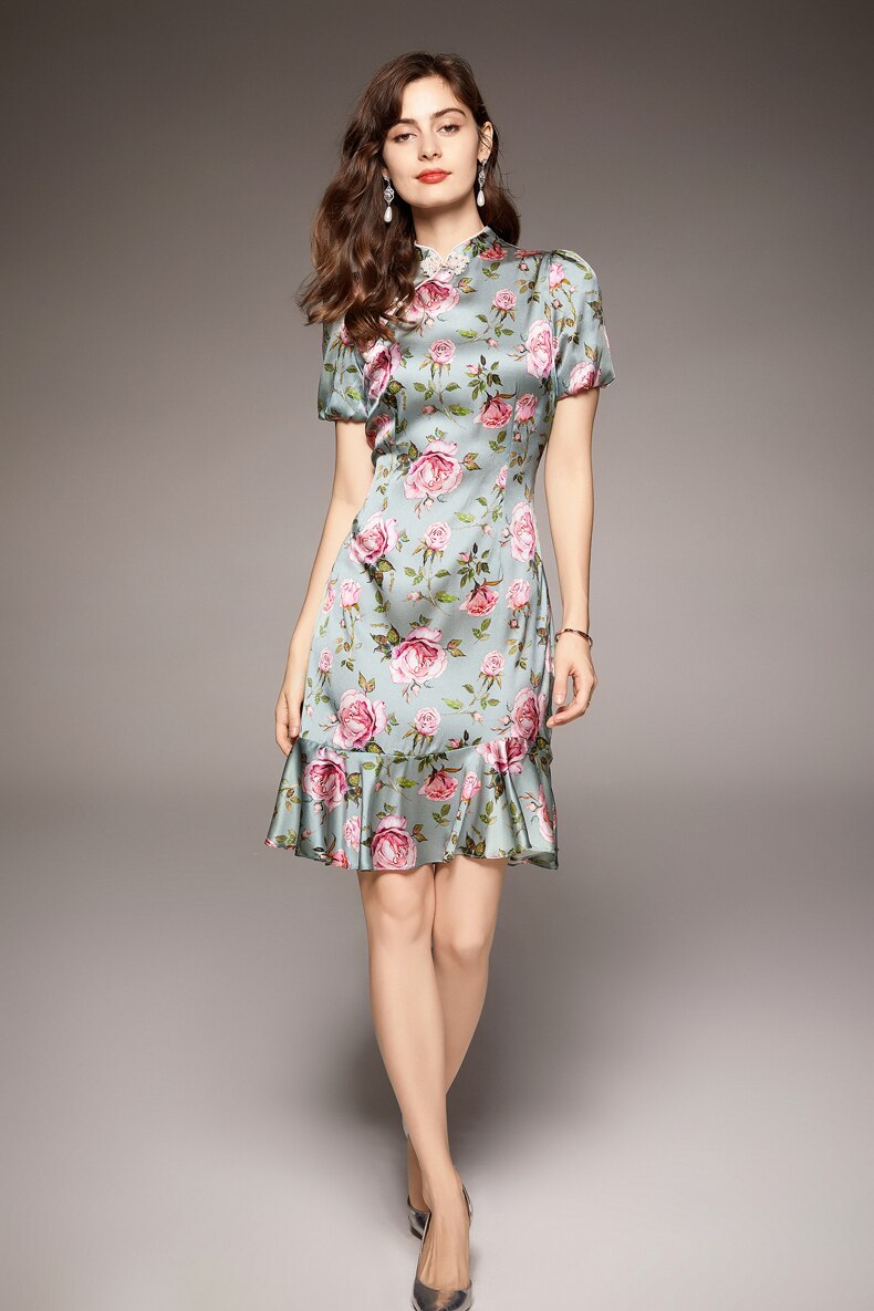 Vintage Stand Collar Short Sleeves Floral Printed Ruffles Elegant Dress Vestidos Mssaz Desses