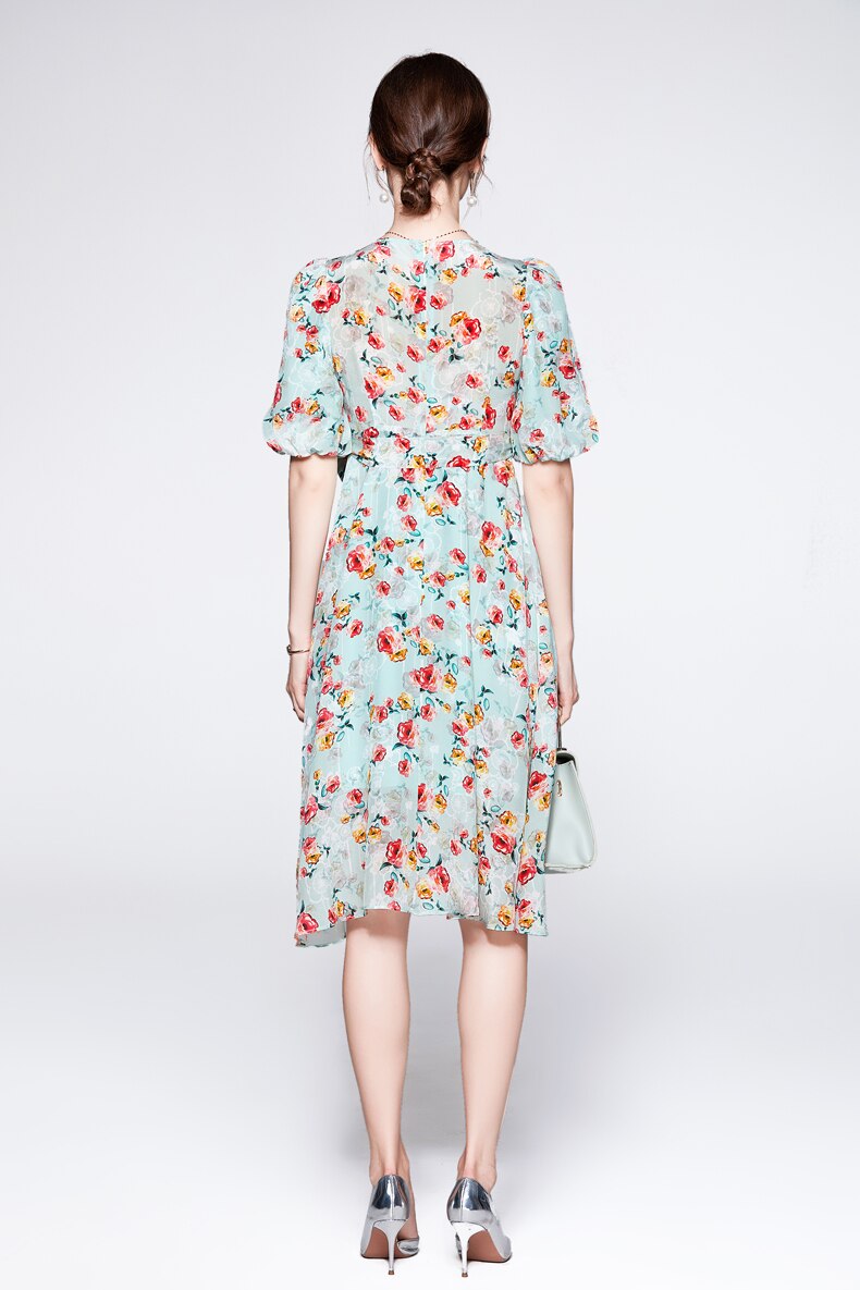 V Neck Short Sleeves Printed Sash Belt  Dress Mssaz Desses