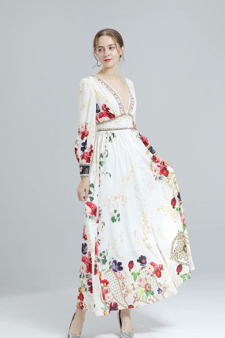 Long Sleeves Split Front Floral Printed High Street Dresses Mssaz Desses