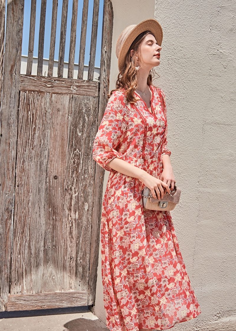 V Neck 3/4 Sleeves Floral Printed Lace Patchwork Holiday Dresses Mssaz Desses
