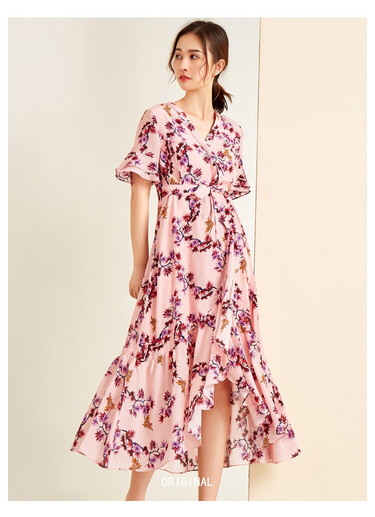 V Neck Ruffles Short Sleeves Printed Casual  Dresses Mssaz Desses