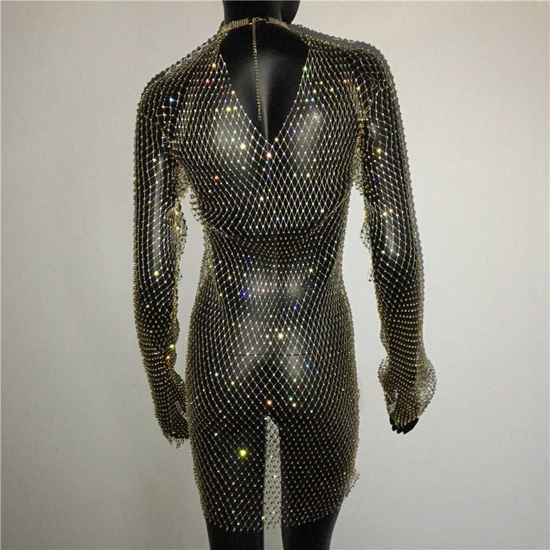 Bling Rhinestones Fishnet Mini Dress  Long Sleeve Crystal Dress Mssaz Desses