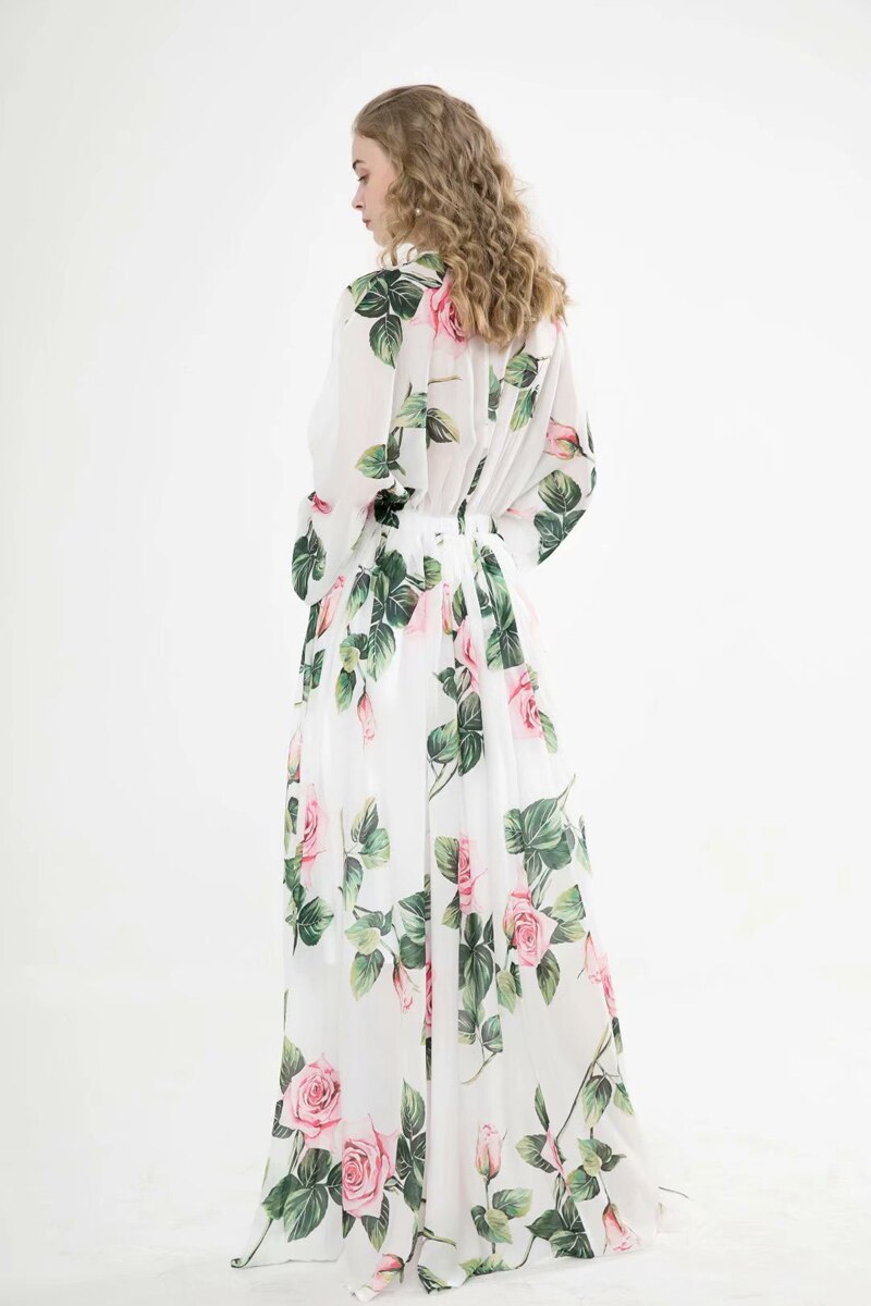 Long Sleeves Floral Printed Lace Up Elegant Maxi Design Casual Dress Mssaz Desses
