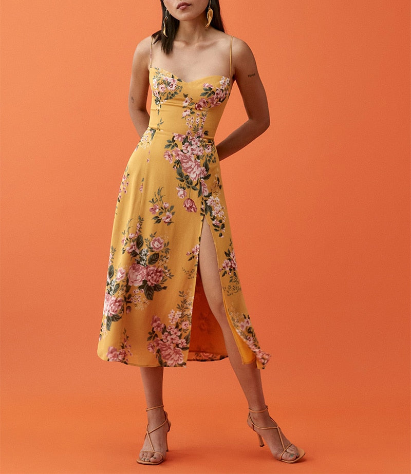 Vintage Midi Dress Side High Slit  Spaghetti Strap Dress Mssaz Desses