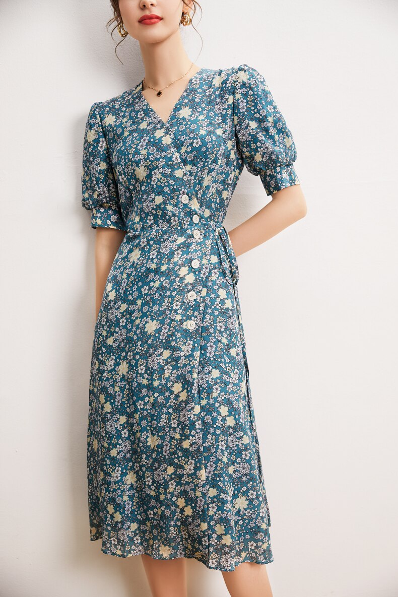 V Neck Short Sleeves Printed Buttons Lace Up Dress Mssaz Desses