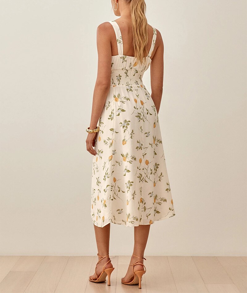 Sleeveless Tank Print Chiffon  Dress Waist Casual Midi Dress Mssaz Desses
