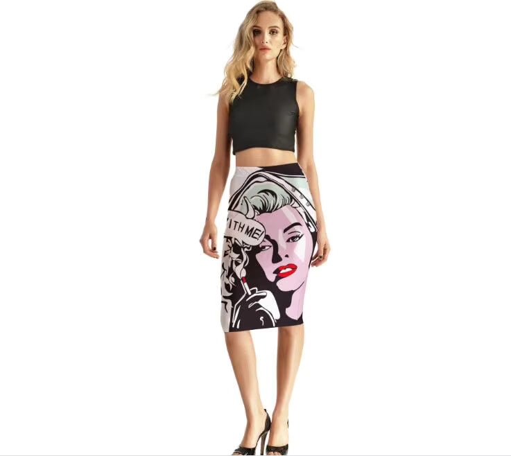 Novelty painting print design comics girl slim Middle skirt Mssza