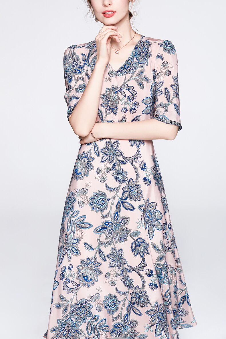 V Neck Short Sleeves Printed Ruched  Dress Mssaz Desses