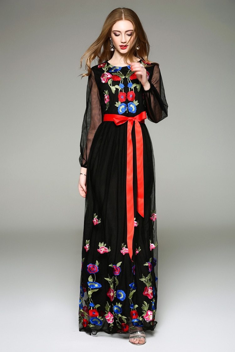 Long Lantern Sleeves Floral Embroidery Sash Belt Elegant Maxi Dress Mssaz Desses