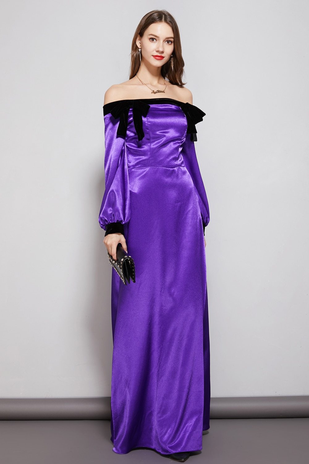 Party Prom Dresses Slash Neckline Long Sleeves Bow Detailing Elegant Maxi Designer Dresses Mssaz Desses
