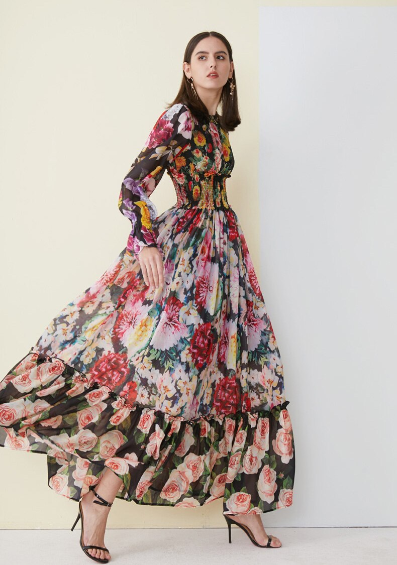 Floral Printed Ruffles Elegant Designer Casual Holiday Maxi Dresses Mssaz Desses