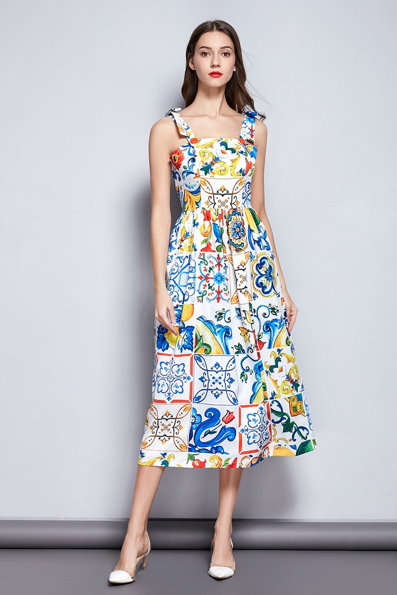 Dress Bow Spaghetti Strap Gorgeous Floral Print Midi Cotton Dress Mssaz Desses