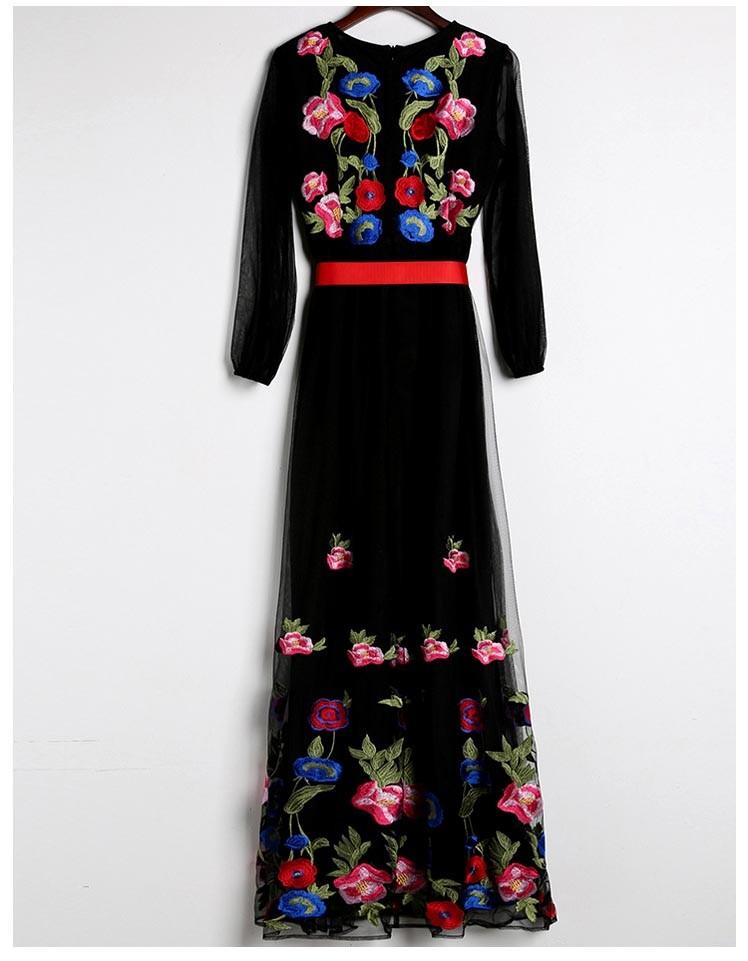 Long Lantern Sleeves Floral Embroidery Sash Belt Elegant Maxi Dress Mssaz Desses