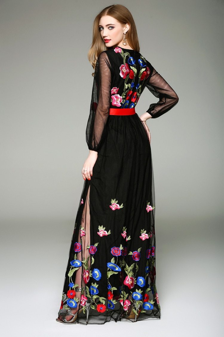 Long Lantern Sleeves Floral Embroidery Sash Belt Elegant Maxi Dress Mssaz Desses