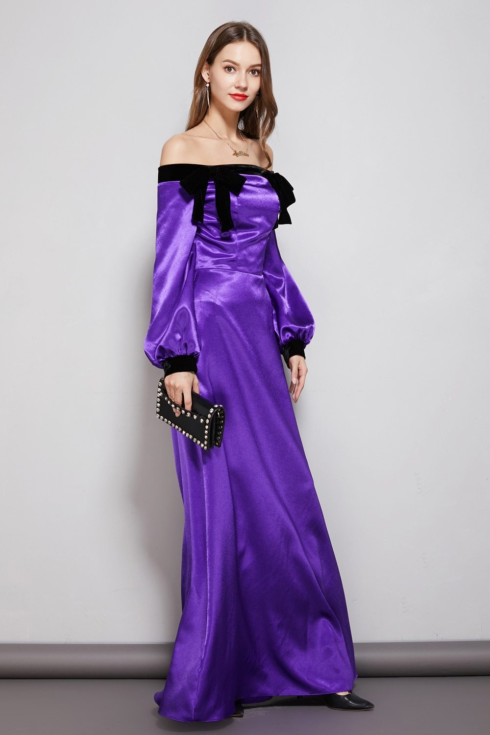 Party Prom Dresses Slash Neckline Long Sleeves Bow Detailing Elegant Maxi Designer Dresses Mssaz Desses