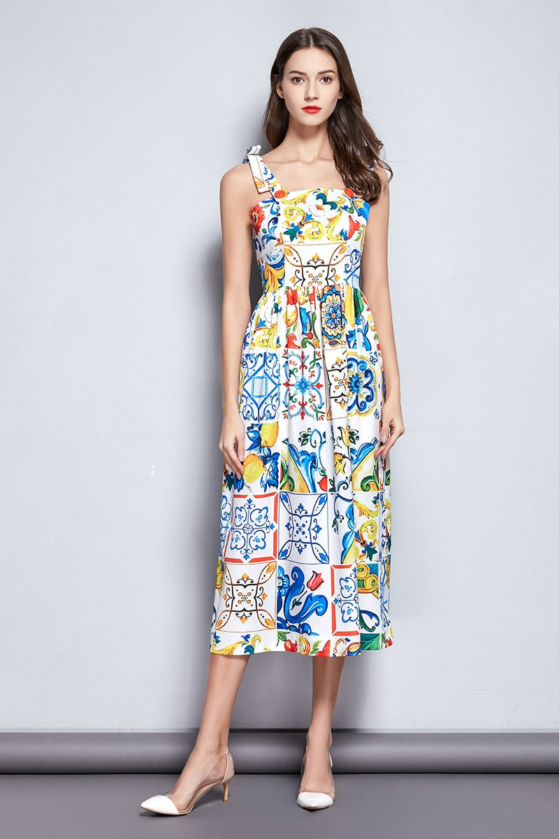 Dress Bow Spaghetti Strap Gorgeous Floral Print Midi Cotton Dress Mssaz Desses