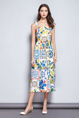Dress Bow Spaghetti Strap Gorgeous Floral Print Midi Cotton Dress Mssaz Desses