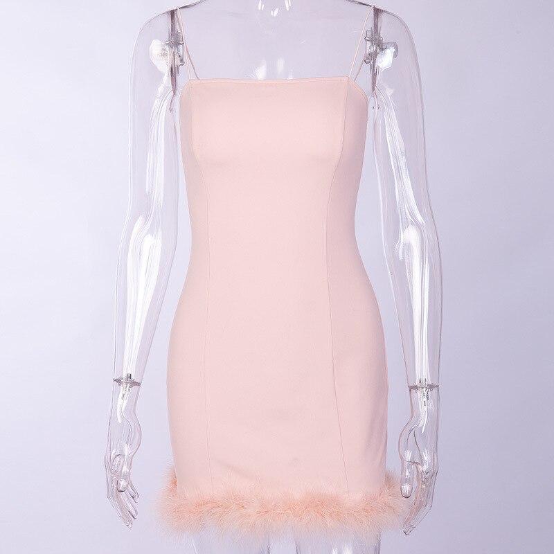 Clubwear Pink Fuzzy Feathers Strap Mini Dresses Mssaz Desses