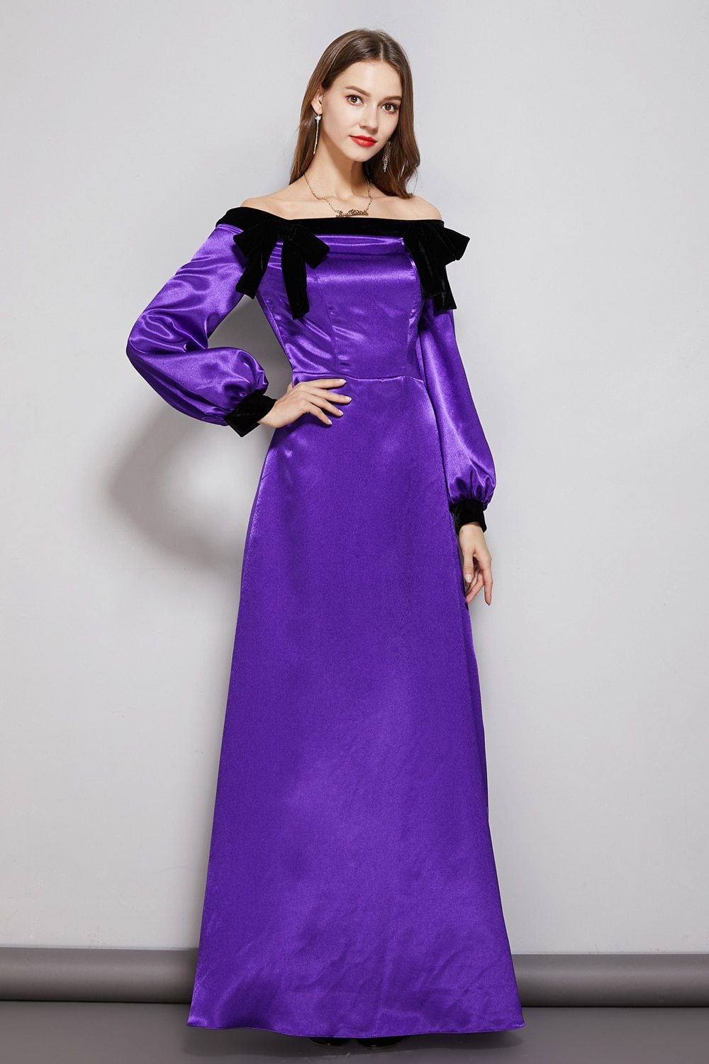 Party Prom Dresses Slash Neckline Long Sleeves Bow Detailing Elegant Maxi Designer Dresses Mssaz Desses
