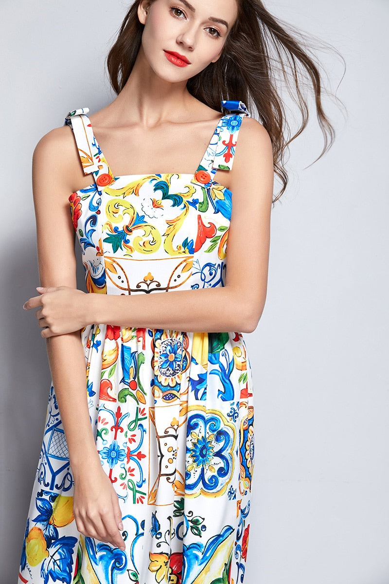 Dress Bow Spaghetti Strap Gorgeous Floral Print Midi Cotton Dress Mssaz Desses
