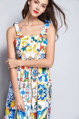 Dress Bow Spaghetti Strap Gorgeous Floral Print Midi Cotton Dress Mssaz Desses