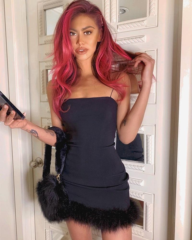 Clubwear Pink Fuzzy Feathers Strap Mini Dresses Mssaz Desses