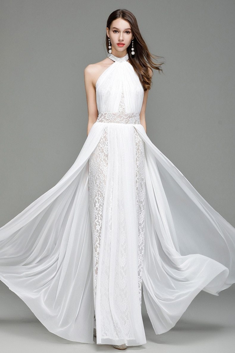 Runway Designer Dresses  Halter Sleeveless Embroidery Lace Open Back Long Party Prom Maxi Dresses Mssaz Desses