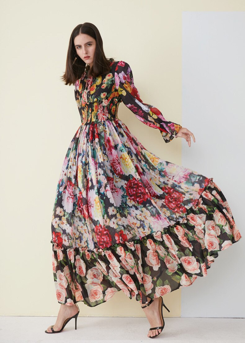 Floral Printed Ruffles Elegant Designer Casual Holiday Maxi Dresses Mssaz Desses