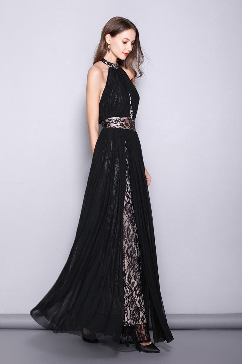 Runway Designer Dresses  Halter Sleeveless Embroidery Lace Open Back Long Party Prom Maxi Dresses Mssaz Desses