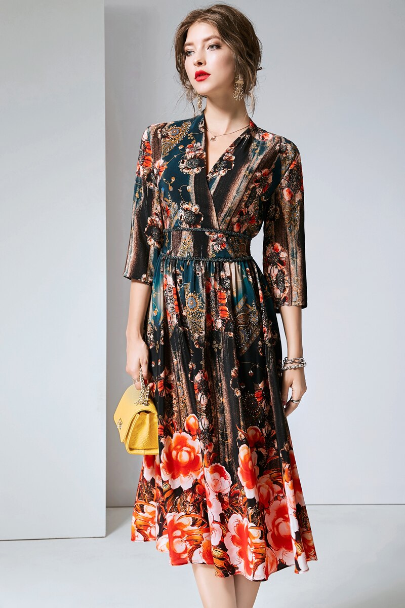 V Neck 3/4 Sleeves Printed Elastic Waist Elegant  Dresses Mssaz Desses