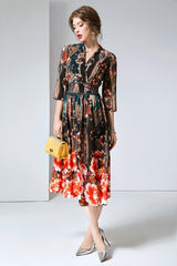 V Neck 3/4 Sleeves Printed Elastic Waist Elegant  Dresses Mssaz Desses