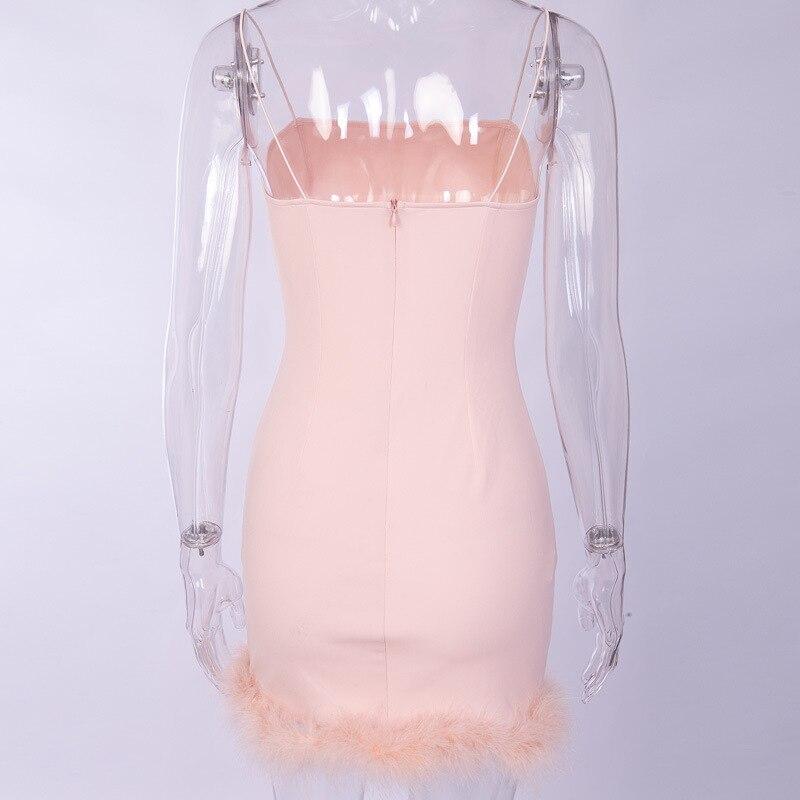 Clubwear Pink Fuzzy Feathers Strap Mini Dresses Mssaz Desses