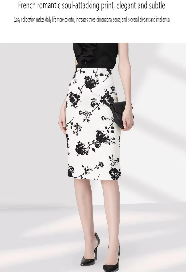 Elegant Floral Printed High Waist Back Slit Midi Pencil Skinny Skirts Mssza