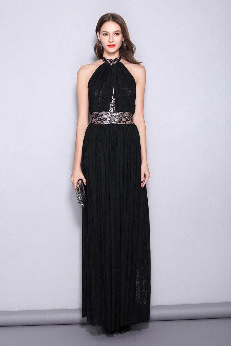Runway Designer Dresses  Halter Sleeveless Embroidery Lace Open Back Long Party Prom Maxi Dresses Mssaz Desses