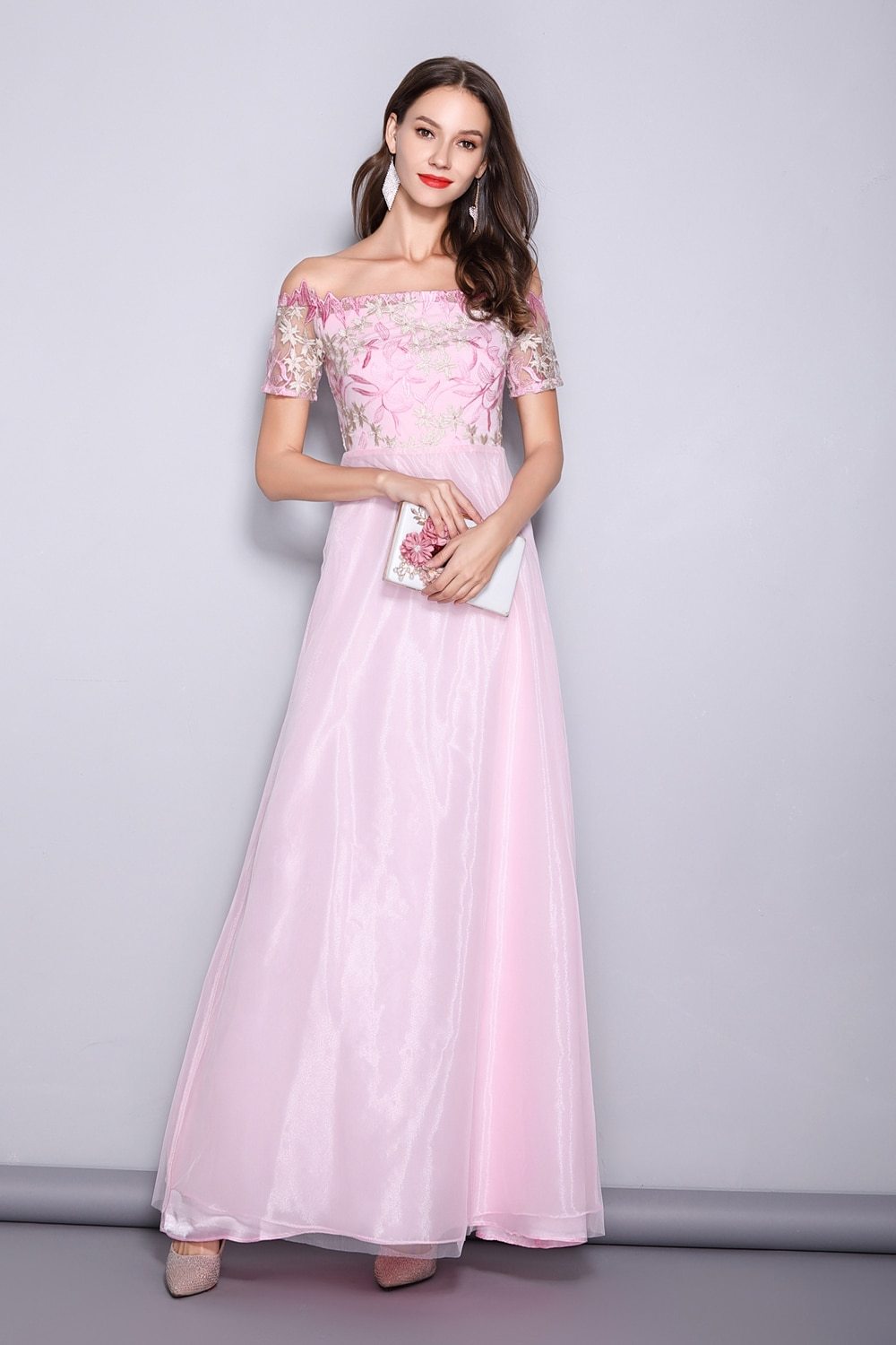 Runway Designer Dresses  Slash Neck Line Embroidery Bodice Patchwork Prom Long Party Dresses Mssaz Desses
