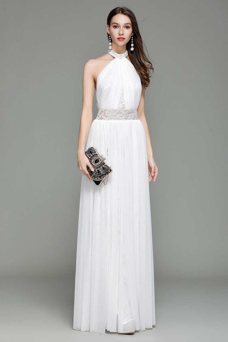 Runway Designer Dresses  Halter Sleeveless Embroidery Lace Open Back Long Party Prom Maxi Dresses Mssaz Desses
