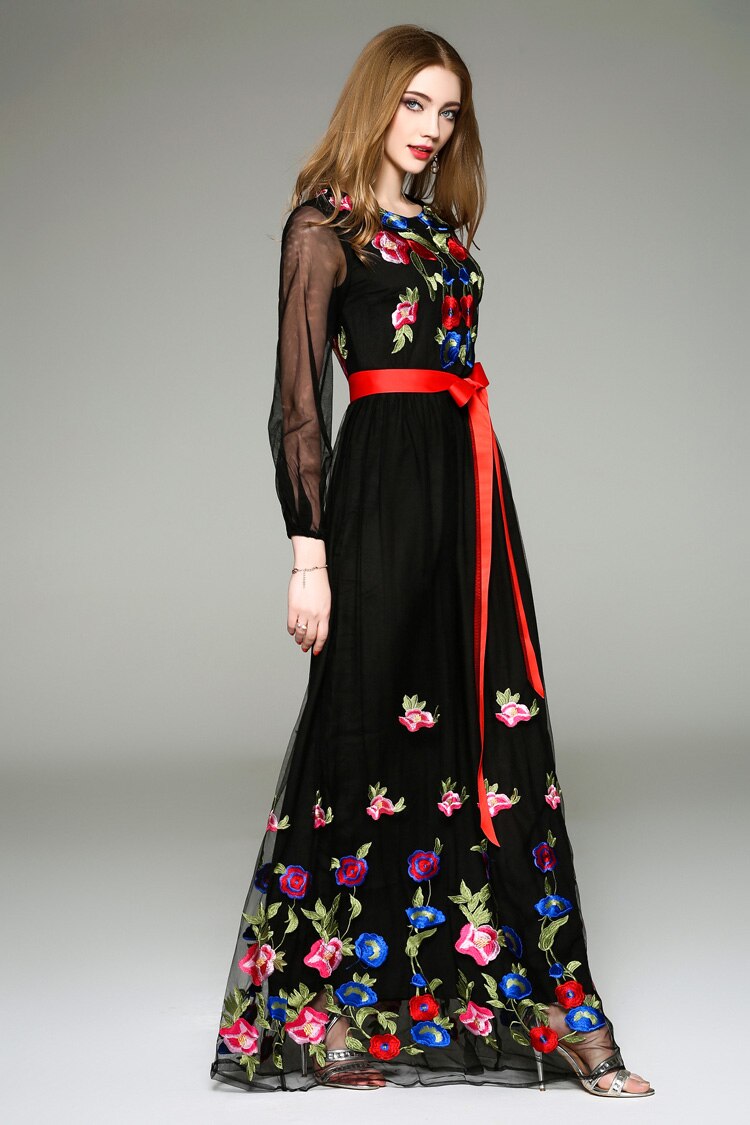 Long Lantern Sleeves Floral Embroidery Sash Belt Elegant Maxi Dress Mssaz Desses
