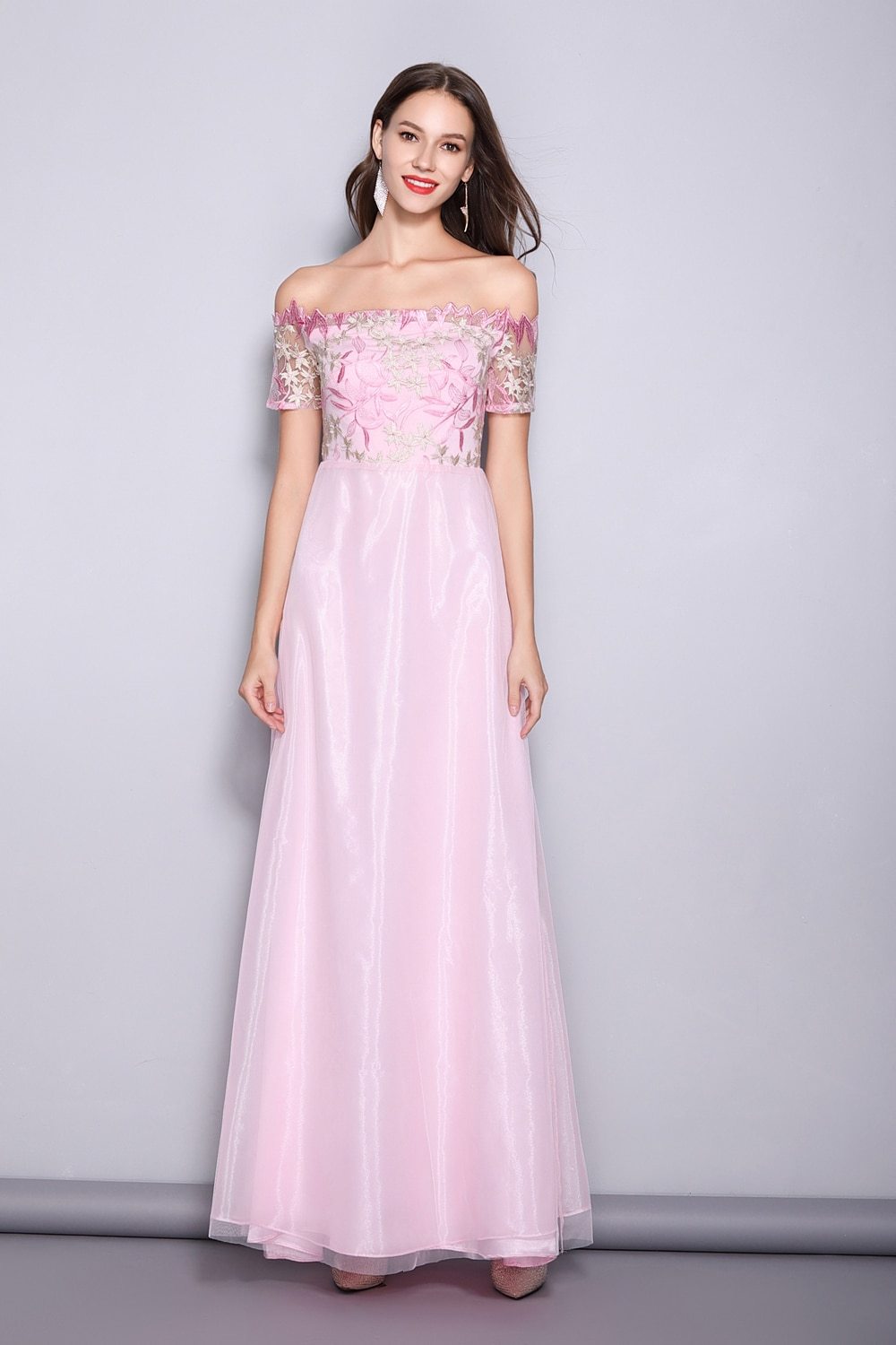 Runway Designer Dresses  Slash Neck Line Embroidery Bodice Patchwork Prom Long Party Dresses Mssaz Desses