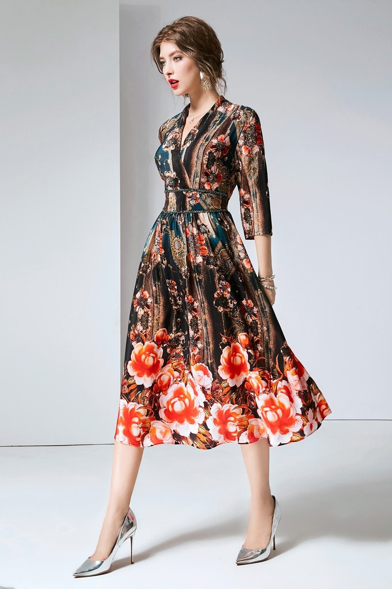 V Neck 3/4 Sleeves Printed Elastic Waist Elegant  Dresses Mssaz Desses