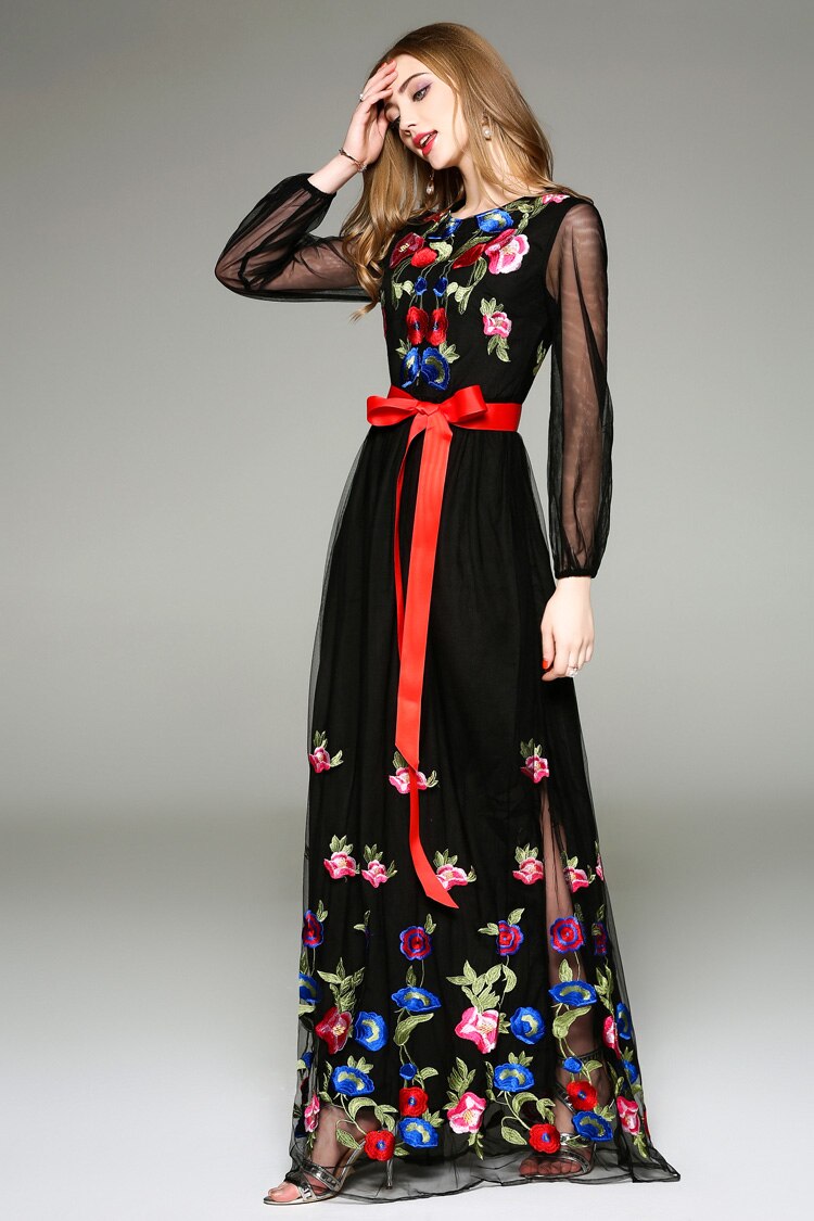 Long Lantern Sleeves Floral Embroidery Sash Belt Elegant Maxi Dress Mssaz Desses