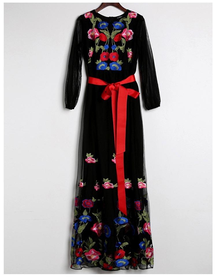 Long Lantern Sleeves Floral Embroidery Sash Belt Elegant Maxi Dress Mssaz Desses