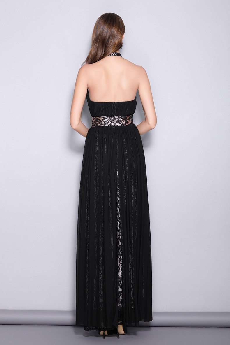 Runway Designer Dresses  Halter Sleeveless Embroidery Lace Open Back Long Party Prom Maxi Dresses Mssaz Desses